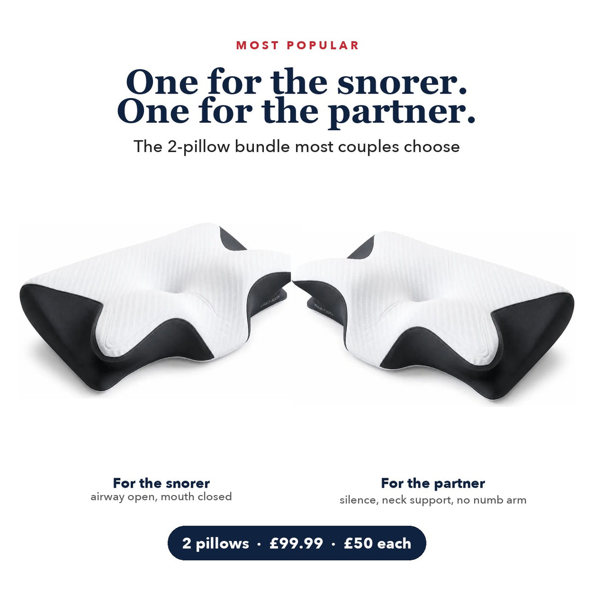 Two AlignRest™ butterfly pillows: one for the snorer, one for the partner. 2-pillow bundle £99.99