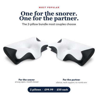 Two AlignRest™ butterfly pillows: one for the snorer, one for the partner. 2-pillow bundle £99.99