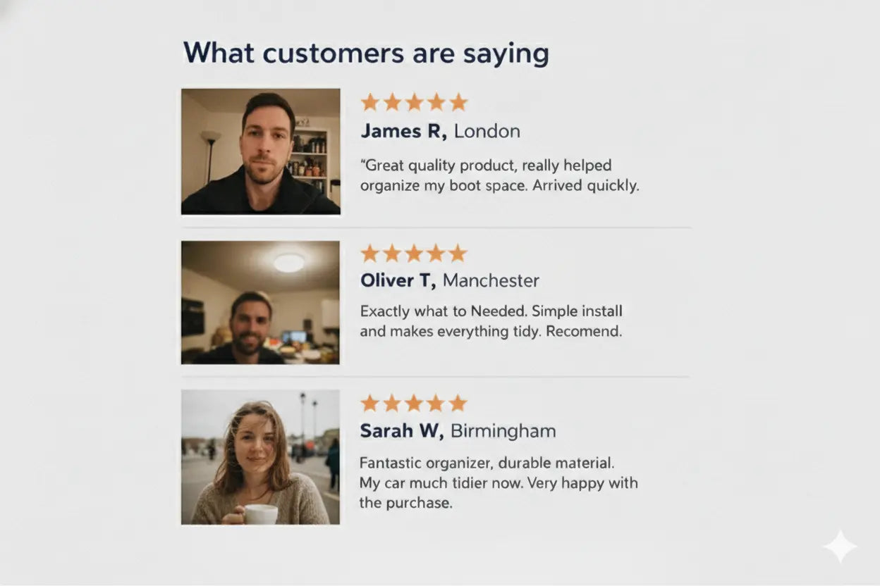 Customer reviews from UK buyers showing real people who use the Struqt car boot organiser in everyday life