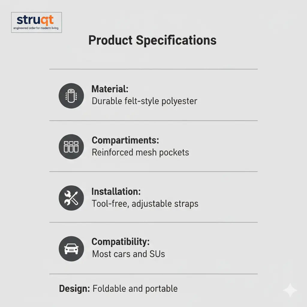 Product specifications of the Struqt car boot organiser including material, compartments, installation and compatibility