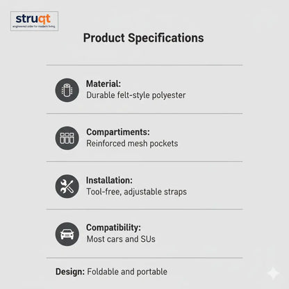 Product specifications of the Struqt car boot organiser including material, compartments, installation and compatibility